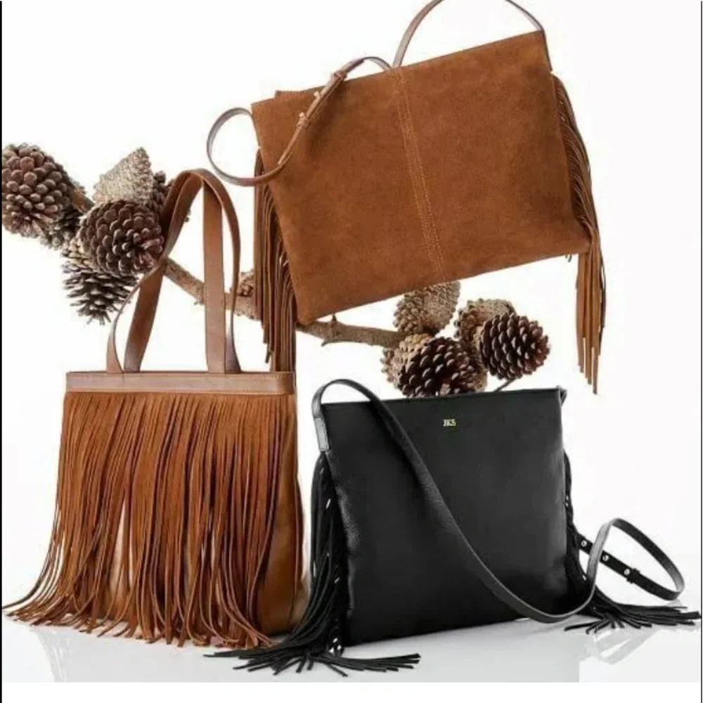 MARK & GRAHAM Fringed Cross Body Bag Purse Tan Leather and Suede NWOT - Picture 8 of 10